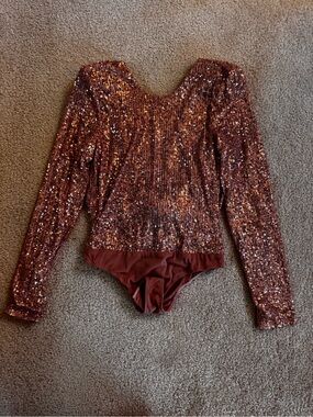 Lulu’s Rose Gold Sequin Long Sleeve Bodysuit L